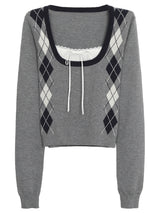 アーガイル スクエア ネック ロング スリーブ ニットTシャツ