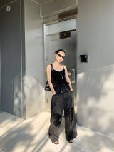 Vintage lace patch black denim pants