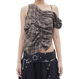 ワンショルダーシャーリングブラウス_CHECK BROWN