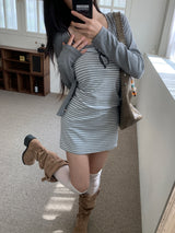 Light Hour ストライプノースリーブドレス & シルバーボタンカーディガン 2-piece Set (Gray)