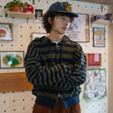 ストライプニットフーディドジップアップ / Khaki blue