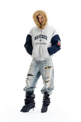 Colorblock Fleece Collar Print Jacket