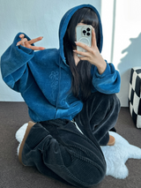 RIBBON PATTERN VELVET HOOD ZIP-UP💚💙🖤 - 3 COLORS
