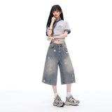 ヴィンテージスター プリントウォッシュド ワイドクロップドデニムパンツ