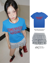 Blue Red Lettering Round Short-Sleeved Knitwear