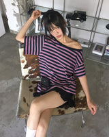 マットストライプワンショルダーオーバーサイズフィットTシャツ