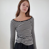 ストライプスクープネックTシャツ_ブラック