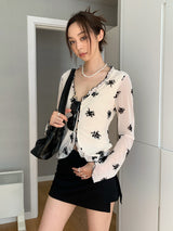 retro floral ruffle long-sleeve blouse
