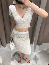 French Garden Lace Deep V-neck Puff Sleeve TOP & MIDI SKIRT SET 