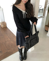 Div Long Slim Cable V-neck Knit