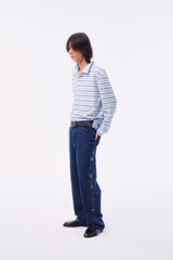 SIGNATURE LOGO SILHOUETTE TOTEM LIGHT BLUE STRIPE CROSS BUTTON POLO LONG SLEEVE