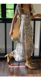 French flower shirring wrap dress