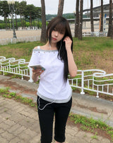 Steen Wood Button Layered One-Shoulder Short Sleeve