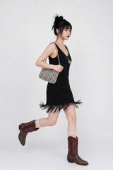 FRINGE-HEM KNIT V-NECK DRESS IN BLACK
