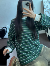 STRIPE OVER BOXY BOYFRIEND LONG SLEEVE T SHIRT ❤💚🩵🧸4COLOR