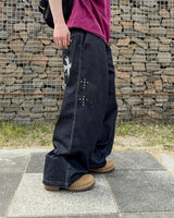 Bone Cross Stud Wide Denim Pants
