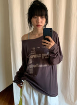 Gauss Loose Fit Printing Off-Shoulder Long Sleeve Tee