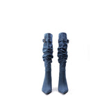 Colorful Bridge | Water Washed Denim Long Pile Boots, Fashion High Heeled Women's Denim Boots