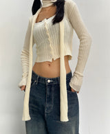 (SCARF & KNIT SET) DREAMY SOFT RIBBED CARDIGAN SCARF SEMI-CROPPED KNIT - 2 COLOR