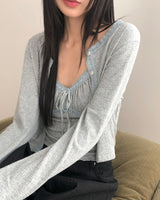 Seleo Shirring Lace Ribbon クロップド長袖ノースリーブカーディガンセット