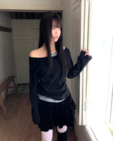 Royu Unbal Asymmetrical Color-Block Shirred One-Off-Shoulder Long-Sleeve T-Shirt