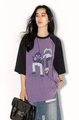 レトロウォッシュモザイクフィギュアラグラン半袖サマーTシャツ