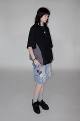 Irregular patchwork off-the-shoulder short-sleeved T-shirt for summer