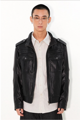 A versatile stand-collar, regular-shoulder leather jacket