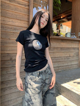 ブラックラウンドレオパードスパンデックスショートスリーブTシャツ