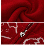 rirri 100% Merino Wool Jacquard Cropped Zipper Cardigan in Brightening Scarlet