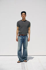 ストライプスリムヘンリーネックハーフTシャツ(Black)