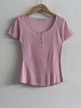 Lua Round Neck Button Ribbed Short Sleeve Knit Top 8 Colors