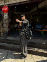 Unbalanced pintuck curved pants