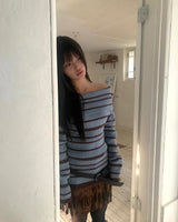 Mina Fold Slim-fit Ribbon Off-shoulder Stripe Knit