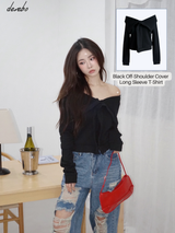 Black Off-Shoulder Cover Long Sleeve T-Shirt