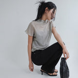 [Setinone] ハーフネックサテンショートスリーブブラウス- 4カラー