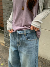ギャランジフォールドオーバーローウォッシュ加工ワイドデニムパンツ