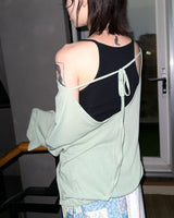 (3color) Ribbon Deep Slit Loose Fit Summer Long Sleeve Tee