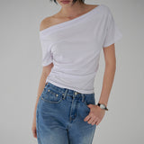 [Bachein] One-Shoulder Shirred Short-Sleeve T-Shirt - 4 Colors