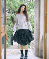 FLOWER SHIRRING SLIM LONG SLEEVE - MELANGE GRAY