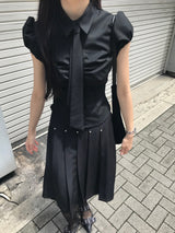 Roni Stripe Office Tie Shirring Half SHirt