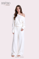 Waffle Asymmetrical Off-Shoulder Sweat Pants Set (TOP+PANTS SET)