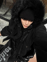 【limited price】Deep Black Semi-Crop Fur Silver Winter Jumper Jacket - Deep Black 