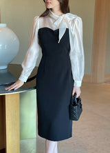 26SS★ Melage Chiffon Color Matching Tie H-Line One Piece
