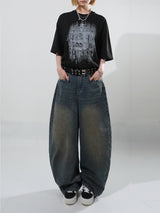 (UNISEX) バックレザーワイドデニムパンツ