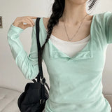 スリム フィット ニエン レイヤード ボタン ロングスリーブ Tシャツ (8 colors)