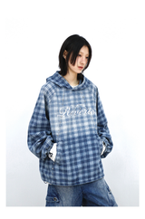 RELABEL (Gemeng) スタッドエンベリッシュドプリントグラディエントウォッシュチェックフードデニムスウェットシャツ