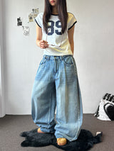 Truegen Button Waistband Side Pintuck Balloon Denim Pants 4color