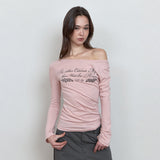 C ローズグラフィックオフショルダーTシャツ_ピンク