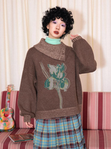 Relaxed fit crewneck knitted sweater with lapel print